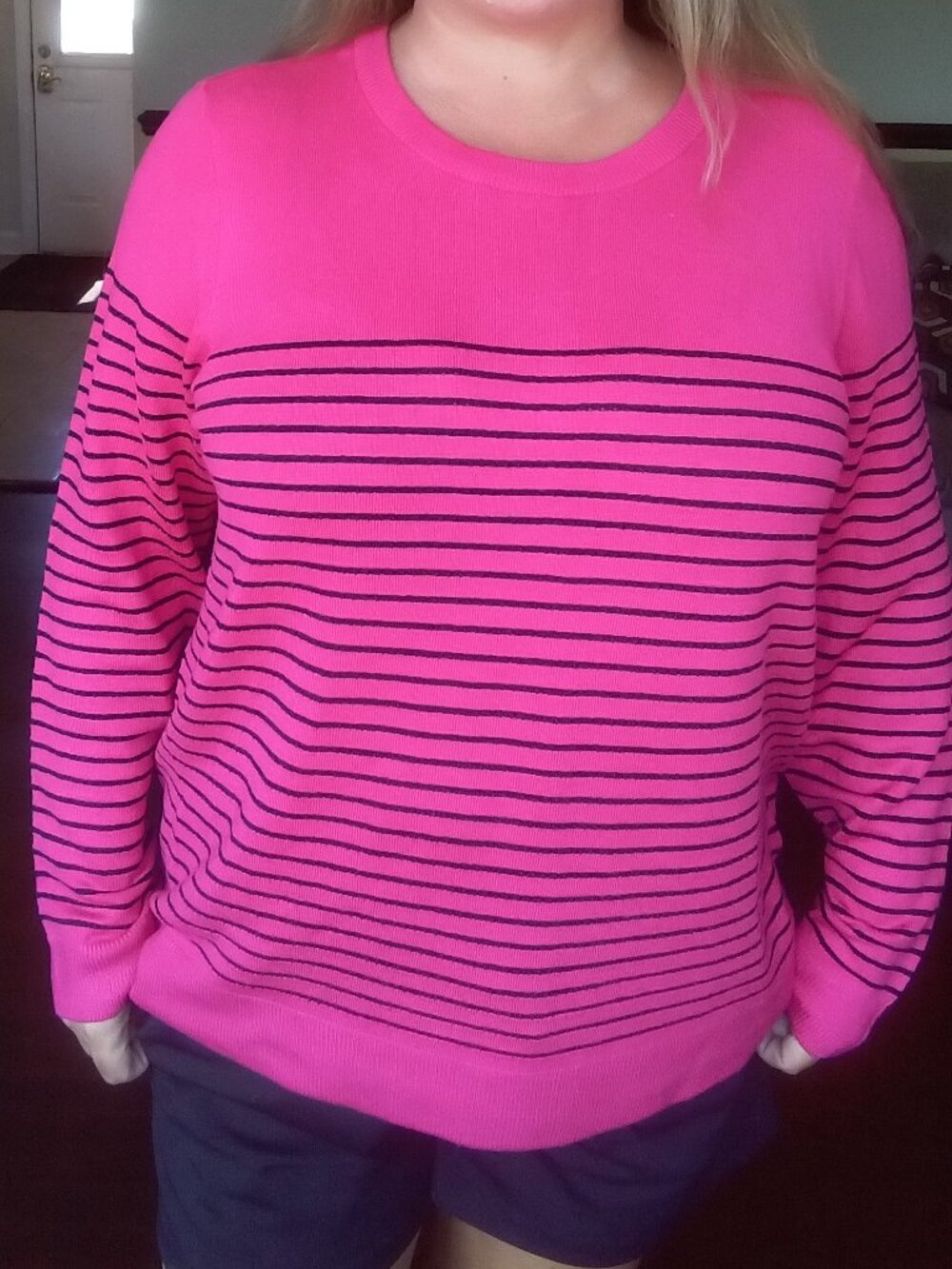 Pink with black stripes crewneck sweater by Fransa, sz XL